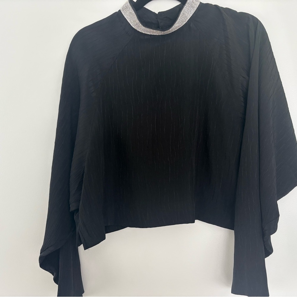 Elegant Black Women's Blouse with rhinestone collar